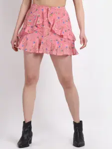 La Zoire Women Pink Floral Printed Flared Mini Skirts