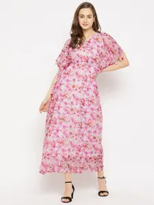 Imfashini Pink & White Floral Georgette Kaftan Maxi Dress