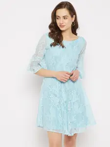 Imfashini Women Turquoise Blue Net Fit and Flare Dress