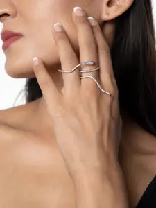 WHITE LIES Women Silver-Toned & White Rhinestone Studded Two Finger Snake Ring