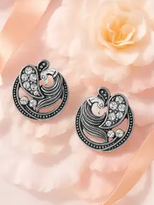 Rubans Silver-Plated American Diamond Studded Peacock Shaped Studs Earrings