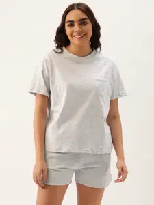 Clt.s Women Grey Melange & Pink Polka Dots Printed Pure Cotton Shorts Set