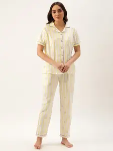 Clt.s Women White & Yellow Striped Pure Cotton Night Suit