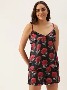 Clt.s Women Black & Red Floral Print Shorts Set