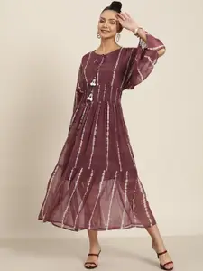 Juniper Maroon & White Tie and Dye Dyed Ethnic A-Line Midi Dress