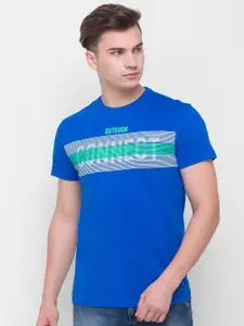 Globus Men Blue & Green Typography Printed T-shirt