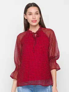 Globus Red Checked Tie-Up Neck Georgette Top