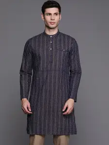 Indo Era Men Navy Blue Geometric Printed Pure Cotton Kurta