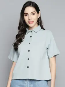 SCOUP Women Blue Solid Denim Cotton Casual Shirt