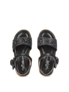 Lil Lollipop Girls Black Printed Open Toe Flats with Floral Applique Detail