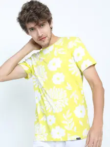 HIGHLANDER Men Yellow & White Floral Printed Slim Fit Cotton T-shirt