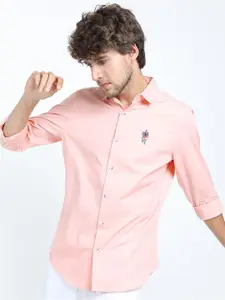 HIGHLANDER Men Peach-Coloured Slim Fit Casual Shirt