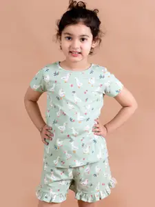 pspeaches Girls Green & White Printed Night suit