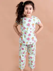 pspeaches Girls Green & Pink Printed Night suit