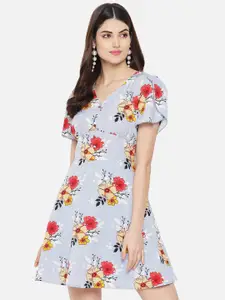 Yaadleen Grey & Red Floral Tulip Sleeves Fit & Flare Dress