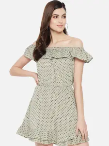 Yaadleen Women Green Off-Shoulder Polka Dot Printed Dress