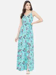 Yaadleen Turquoise Blue & Red Floral Maxi Dress