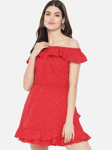 Yaadleen Red Off-Shoulder Crepe A-Line Dress