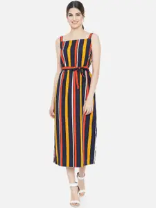 Yaadleen Black & Yellow Striped Crepe A-Line Midi Dress