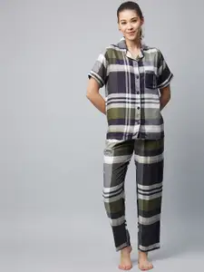StyleStone Women Olive Green & White Checked Pure Cotton Night suit