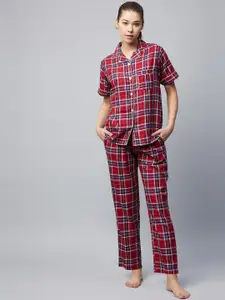 StyleStone Women Red & Blue Checked Cotton Night suit