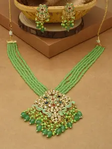 Zaveri Pearls Green Crystal Beaded Multistrand Long Bridal Kundan Necklace & Earring Jewellery Set