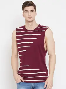 Hypernation Men Cotton Maroon & White Striped Relaxed Fit T-shirt