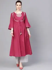 Varanga Women Magenta Thread Work Cotton Kurta