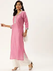 Varanga Women Pink & Silver-Toned Ethnic Motifs Embroidered Kurta
