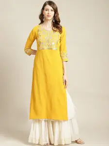 Varanga Women Mustard Yellow Embroidered Crepe Straight Kurta