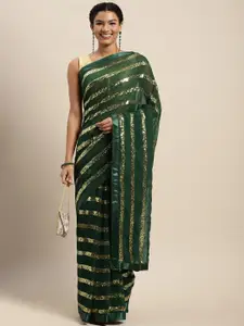 Mitera Women Green & Golden Striped Sequinned Saree