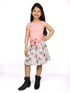 Peppermint Girls Peach-Coloured & White Printed Top with Skirt