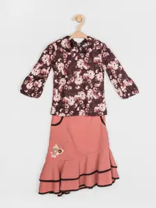 Peppermint Girls Brown Printed Top with Skirt