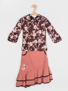 Peppermint Girls Brown & Peach-Coloured Printed Top with Skirt