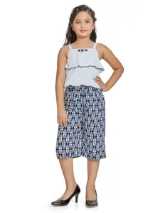 Peppermint Girls Navy Blue & White Top with Printed Capri