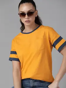 Roadster Women Mustard Yellow Solid Pure Cotton Relaxed Fit T-shirt with Pocket Detail
