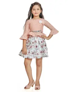 Peppermint Girls Peach-Coloured & White Top with Skirt