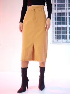 SASSAFRAS Women Classy Beige Solid Peekaboo Bottom Skirt