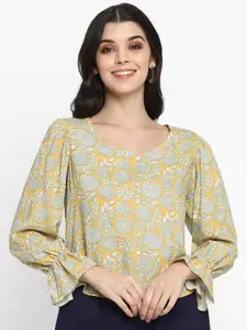 DEEBACO Mustard Yellow Floral Printed Pure Cotton Top With Frilled Cuffed Sleeve