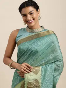 Satrani Blue Ethnic Motifs Organza Kanjeevaram Saree