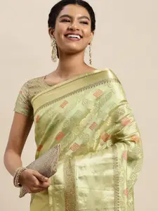 Satrani Women Green Geometric Woven Design Organza Kanjeevaram Saree