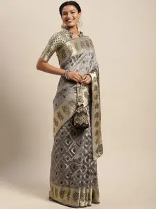 Satrani Women Grey Geometric Woven Design Organza Kanjeevaram Saree