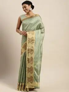 Satrani Women Green Ethnic Motifs Woven Design Organza Kanjeevaram Saree