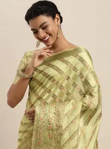 Satrani Women Green Ethnic Motifs Woven Design Organza Kanjeevaram Saree