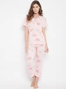Camey Women Peach Floral Printed Cotton Nightsuit