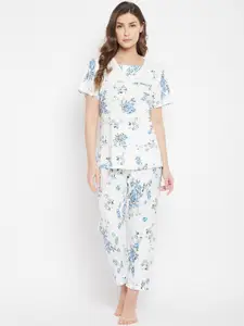 Camey Women White & Blue Floral Print Night Suit