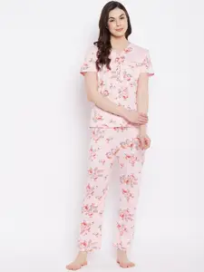 Camey Women Peach-Coloured & Grey Floral Printed Night suit