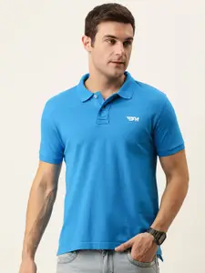 Flying Machine Men Blue Solid Pure Cotton Polo Collar Slim Fit T-shirt
