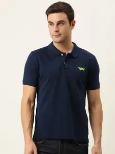 Flying Machine Men Navy Blue Polo Collar Pure Cotton T-shirt