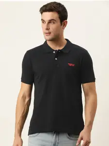 Flying Machine Men Black Solid Pure Cotton Polo Collar Slim Fit T-shirt